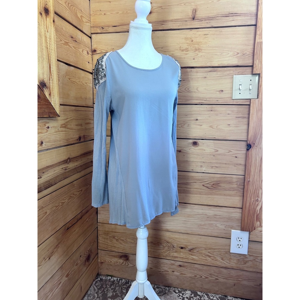 Zara Boho‎ Beaded Shoulder Medallion Long Sleeve Tunic Top Gray Womens Medium